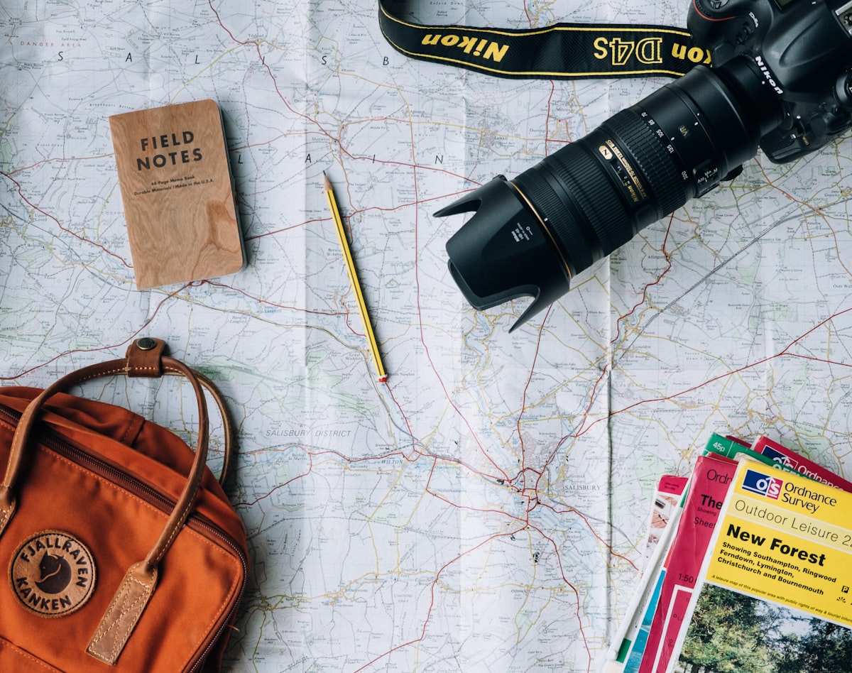 Travel essentials with a map